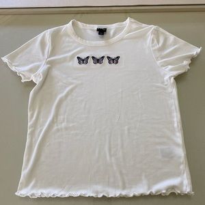 white women's t-shirt with embroidered butterflies size L